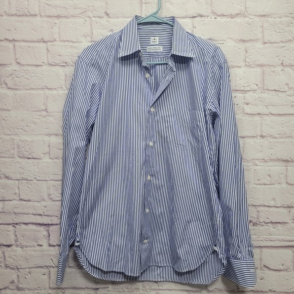 Danolis Italian Button Shirt Mens 39-15.5 (L) Blue Stripes Cotton Casual Travel - Picture 1 of 8